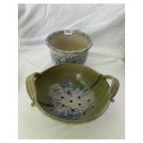STUDIO POTTERY COLANDER W/ HANDLES, EARTHENWARE,