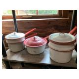ENAMELWARE DOUBLE BOILER SET (3), WHITE W/ RED