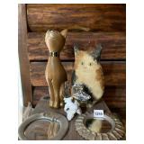 ASSORTED DECORATIVE ITEMS, WOOD CAT, FABRIC CAT,