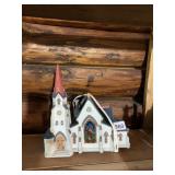 CERAMIC VILLAGE CHURCH, ILLUMINATED, STAINED