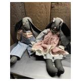 VTG HANDMADE FABRIC BUNNY DOLLS, FLORAL CLOTHING,