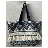 WOVEN FABRIC TOTE, BLACK AND WHITE GEOMETRIC