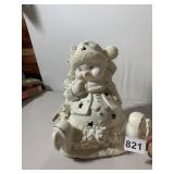 SNOWMAN FIGURINE, CERAMIC, LIGHTED, GOLD ACCENTS,