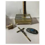 VINTAGE FILIGREE GLASS JEWELRY BOX, STONE INLAY