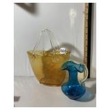 AMBER GLASS BASKET W/ CLEAR HANDLES, BLUE GLASS