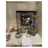 MOSAIC MIRROR, HORSE WEATHERVANE, BRASS BELL, CAT