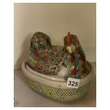 MAJOLICA STYLE HEN ON NEST, CERAMIC, MULTICOLORED