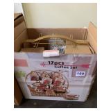 COFFEE SET, FLORAL PATTERN, GOLD-TONE TRIM,