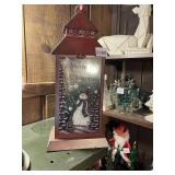 METAL CHRISTMAS LANTERN, RED FINISH, SNOWMAN