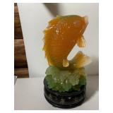 CARVED STONE KOI FISH FIGURINE, ORANGE AND GREEN