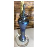 ART GLASS PERFUME BOTTLE, IRIDESCENT BLUE FINISH,