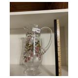GLASS PITCHER, CLEAR GLASS, HAND-PAINTED FLORAL
