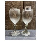 WINE GLASSES (2), CLEAR GLASS, PEWTER FIGURAL