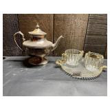 SILVER ON COPPER TEAPOT, CLEAR GLASS CREAMER AND