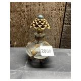 VTG GLASS PERFUME BOTTLE, BRASS FILIGREE OVERLAY,