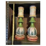 VTG WOODEN CANDLESTICKS, HAND-PAINTED, PINE TREE