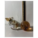ART GLASS FIGURINES, APPLE W/ GILT METAL LEAVES,