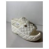 CHANEL QUILTED SLIDE SANDALS, WHITE, GOLD-TONE CC