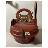 CHINESE LACQUERED WOOD SEWING BASKET, RED FINISH,