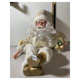 SANTA CLAUS FIGURINE, FABRIC CLOTHING, GOLD AND