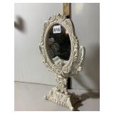 TABLETOP VANITY MIRROR, OVAL, CAST METAL, CREAM