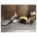 PEACOCK FIGURINE, WOODEN WATER WHEEL BOX, CRACKLE
