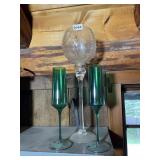 HANDMADE GLASSWARE, (2) GREEN CHAMPAGNE FLUTES,