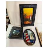 GLASS SAILBOAT HANGER, FRAMED LIGHTHOUSE PICTURE