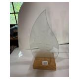 FROSTED GLASS ART SCULPTURE, FEMALE PROFILE, OAK