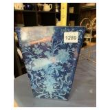 BLUE GLASS VASE, FLORAL ETCHED PATTERN,