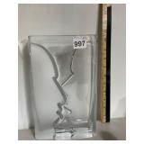 CLEAR GLASS VASE, RECTANGULAR FORM, ETCHED FACE