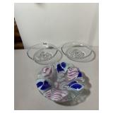 ART GLASS SHELL BOWL, CLEAR GLASS CANDLE HOLDERS