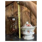 MOSAIC GLASS HURRICANE LAMP W/ BRONZE BASE,