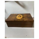 VINTAGE WOOD MUSIC BOX, INLAID HORSE MOTIF,