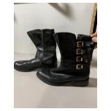 ITALIAN LEATHER BUCKLE BOOTS, BLACK, SIDE ZIPPER,
