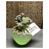 PERFUME BOTTLE, FROSTED GREEN GLASS, METAL COLLAR