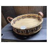BASKET, WOVEN SPLINT, LEATHER HANDLES, ROUND,