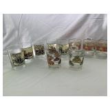 ASSORTED DRINKING GLASSES, WINTER SCENE AND
