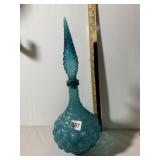 VINTAGE HOBNAIL ART GLASS DECANTER, TEAL BLUE,