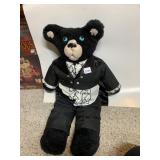 PLUSH BEAR, BLACK FUR, WEARING FORMAL TUXEDO W/