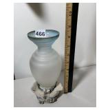FROSTED GLASS VASE, BLUE RIM, FIGURAL DOVE AND