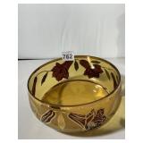AMBER GLASS BOWL, HAND-PAINTED FLORAL DECORATION,