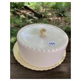 POTTERY BARN CAKE STAND W/ LID, CERAMIC, CREAM,