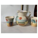 PIER 1 HANDPAINTED CERAMIC PITCHER AND MUGS (3),