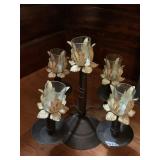 METAL CANDELABRA, FIVE-LIGHT, LEAF ACCENTS, GLASS