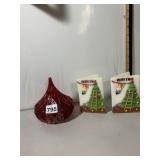 VTG RED GLASS CANDY DISH, CHRISTMAS CANDLES (2),