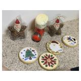 PINE CONE SANTA ORNAMENTS (2), BOOT CANDLE,