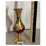RUBY RED GLASS VASE, GOLD GILT OVERLAY, FLORAL