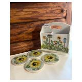 WOODEN CADDY W/ DRAWER AND SUNFLOWER BIRD HOUSE