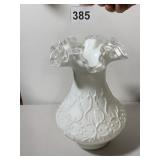 FENTON MILK GLASS VASE, RUFFLED RIM, EMBOSSED